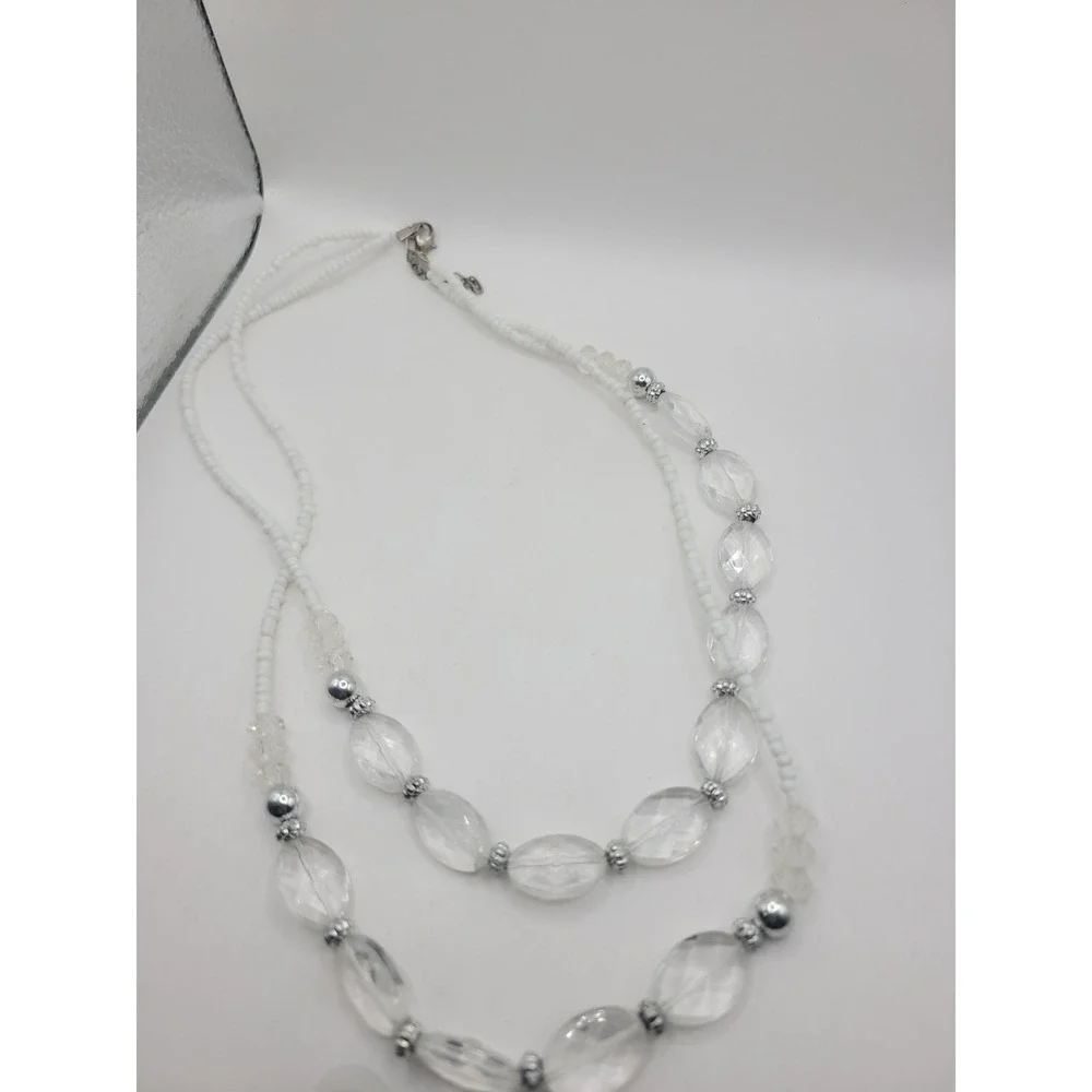 White Clear Double Strand Beaded Necklace Faceted Oval Silver Tone Statement